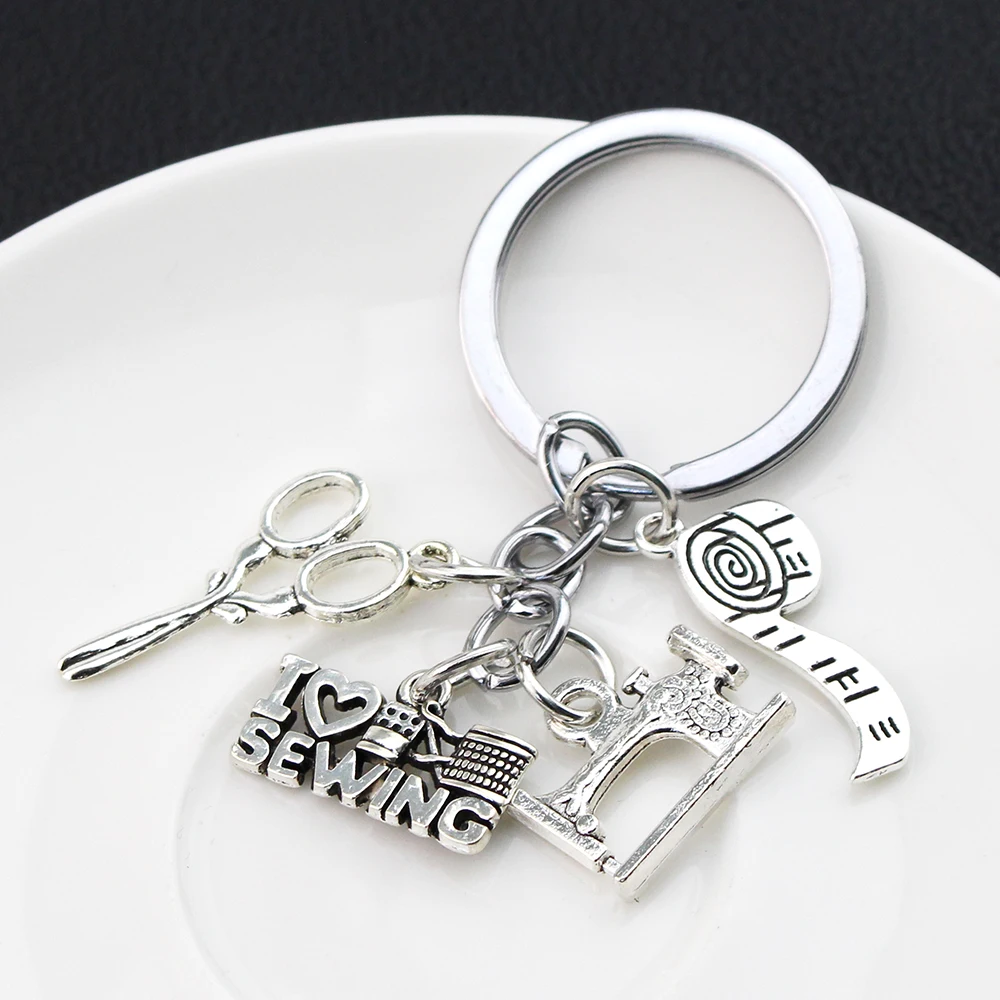 New Sewing Machine Keychain Tailor Key Ring Iron Tape Measure Letter Pendant Key Chain Women\'s Gift DIY Jewelry Handmade