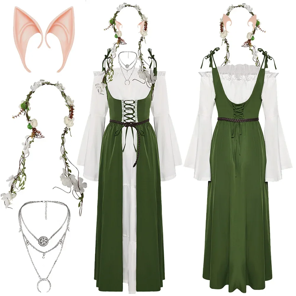 

Renaissance Elf Cosplay Fantasy Green Retro Dress Vintage Renaissance Costume Disguise Adult Women Roleplay Fantasia Outfits