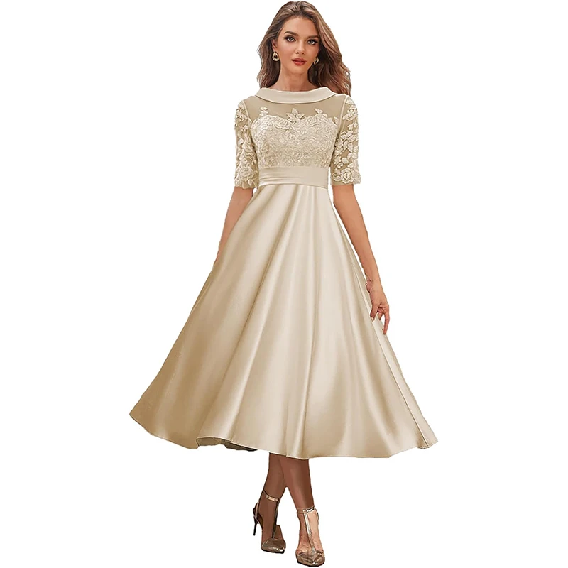 신부 어머니 드레스 쉬폰 레이스 아플리케 반소매 티 길이 정장 우아한 웨딩 파티 게스트 2023 신상 맞춤 제작