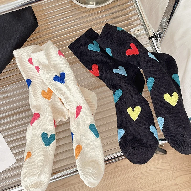 Women Socks Cotton Love Print Harajuku Cute Kawaii Streetwear White Black Lady Short Middle Tube Sock Girl Gift Calcetines Mujer