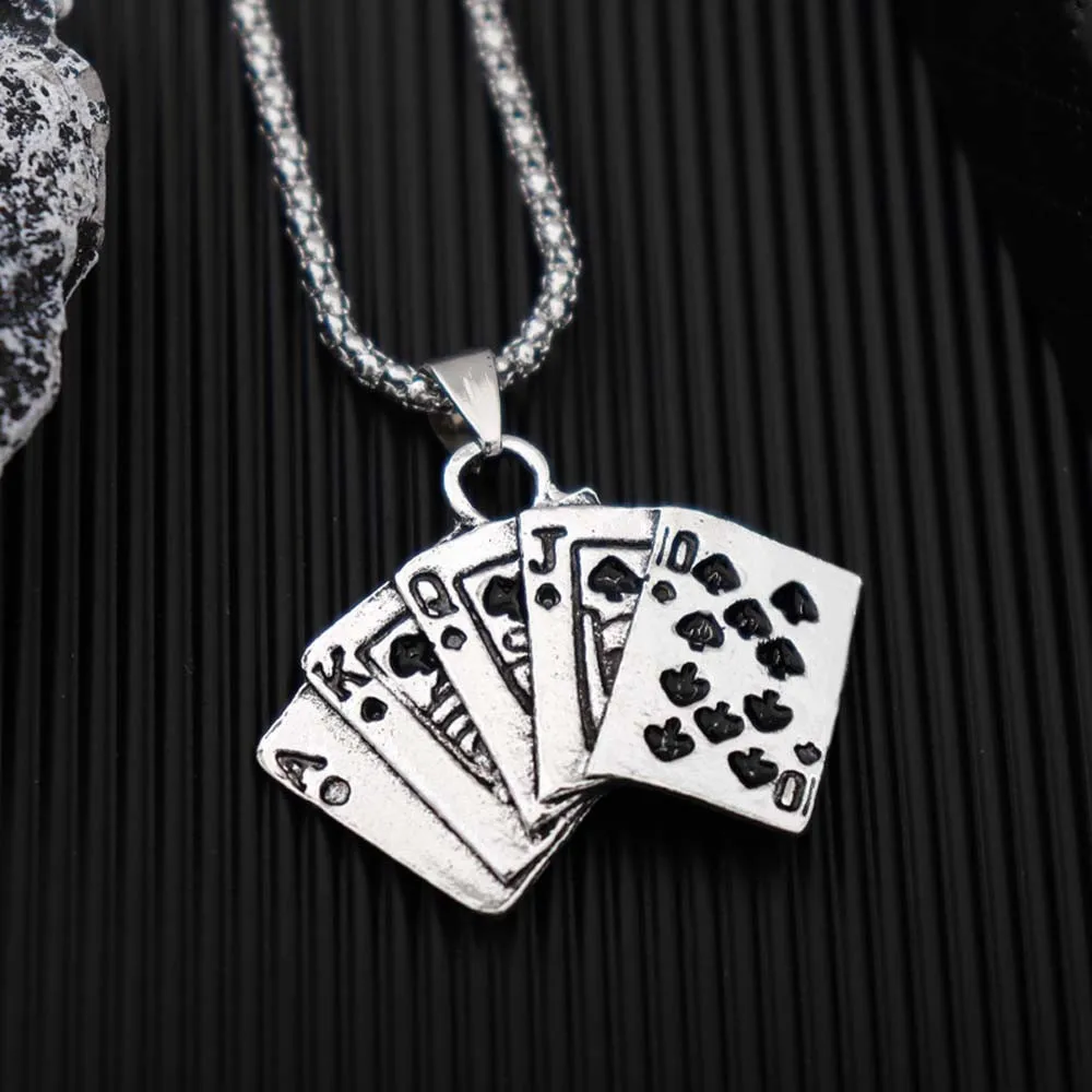 

New Retro Playing Card Shape Pendant Necklace Men's Necklace Fashion Metal Sliding Pendant Necklace Accessories Party Jewelry