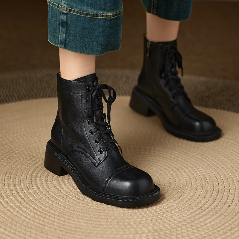 

2025 New Women Shoes Genuine Leather Ankle Boots Cross-tied Round Toe Motorcycle Boots Short Warm Short Shoes Woman Punk Boots