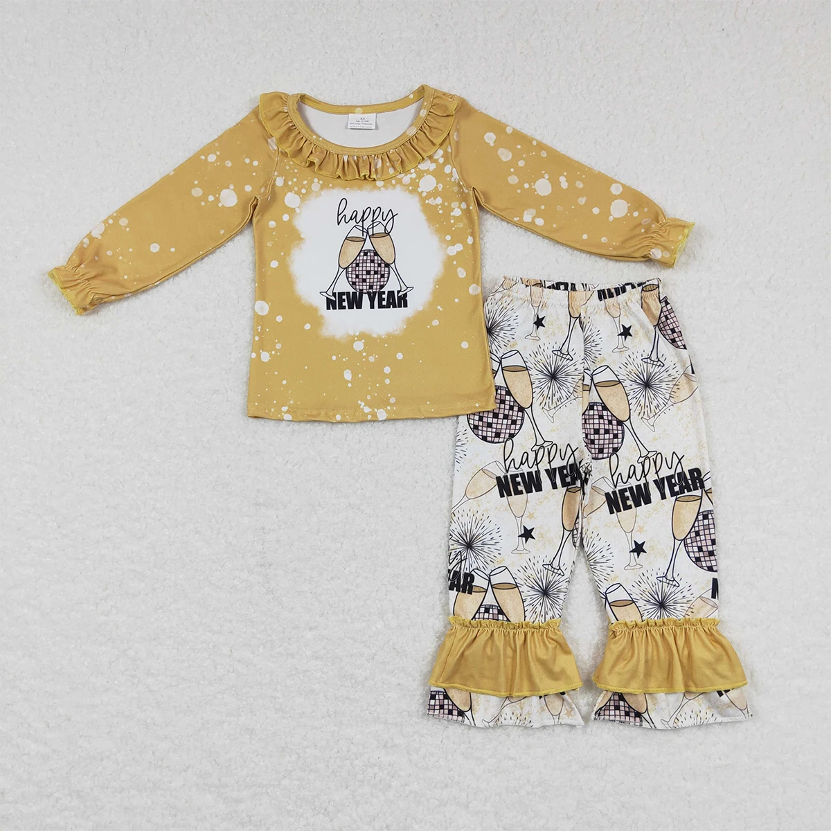 

Wholesale Children New Year Baby Girl Clothing Wine Glass Golden Lace Cotton Set Plaid Ruffle Pants Kids Outfit Infant Outfits