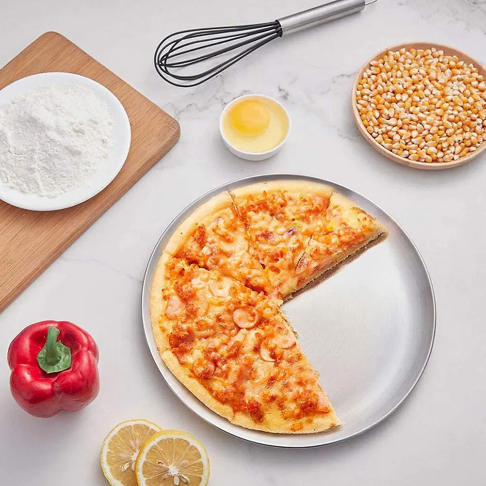 

Stainless Steel Round Pizza Pan Baking Plate Smooth Surface Easy Clean Dessert Serving Tray Dinner Party Kitchen Use