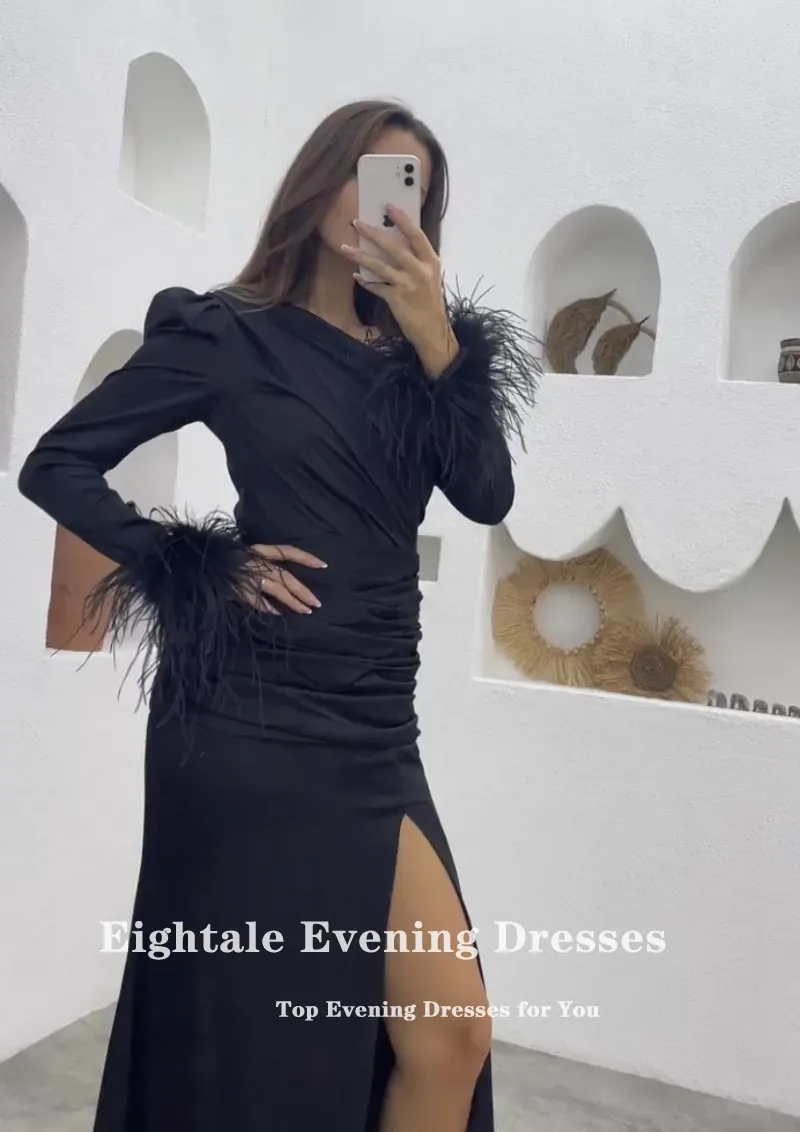 Eightale Feather Evening Dress for Wedding Party One Shoulder Long Sleeves Mermaid Customized Black Arabic Prom Gowns Dress