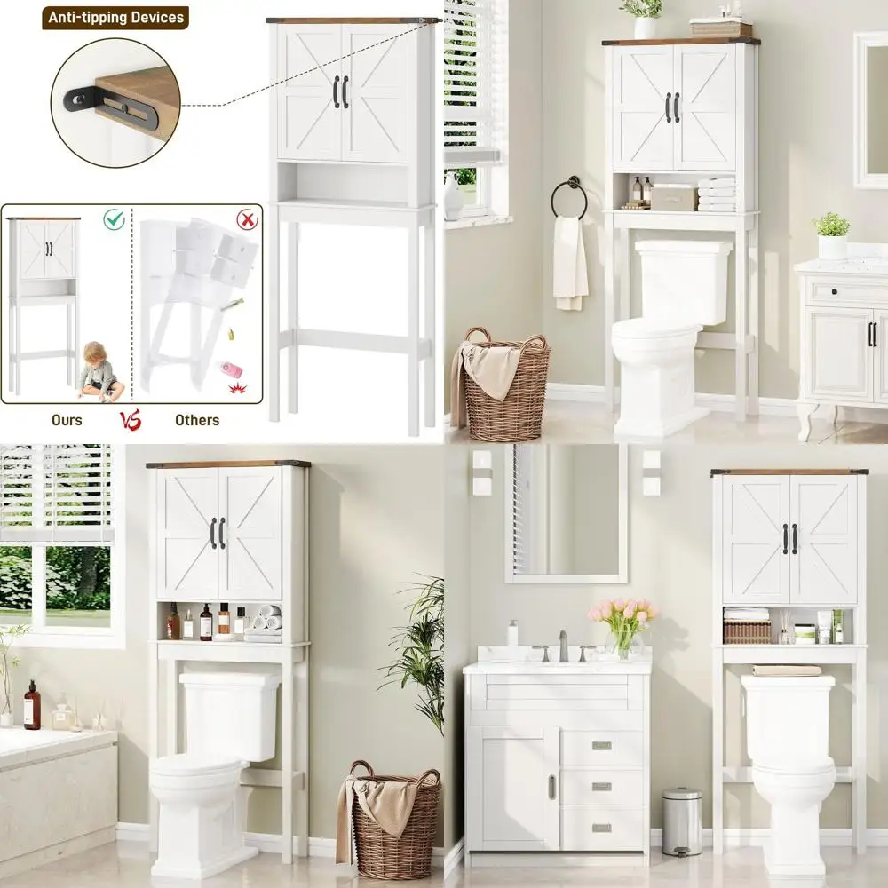 

Rustic White Farmhouse Style Toilet Storage Cabinet with 2 Barn Doors for Bathroom Organization