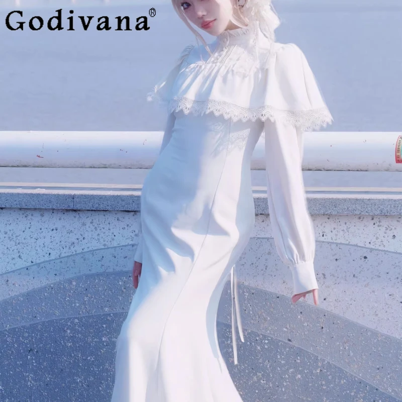 فستان لوليتا على الطراز الفرنسي للنساء فستان أبيض كيب الخصر مقصوص عتيق أنيق للفتيات لربيع الخريف حورية البحر فستان طويل