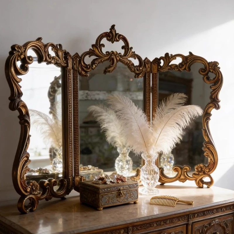 Vintage Carved Dressing Bedroom Dressing Room French Bathroom Three-sided Folding Mirror Frame