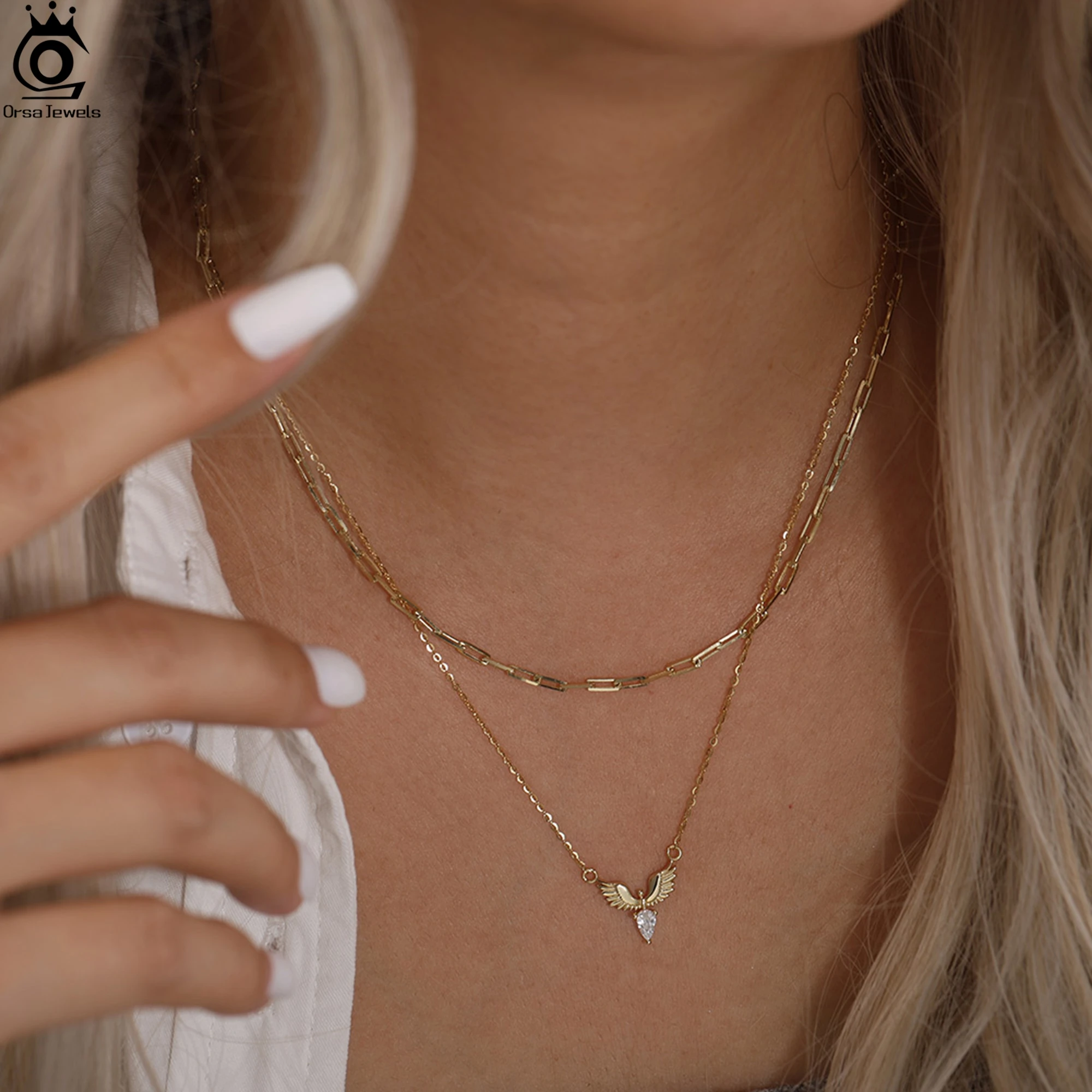 

ORSA JEWELS 925 Sterling Silver Pendant Necklace With 4A Water Drop Zirconia Ornament Eagle Design Jewelry for Casual Wear APN54