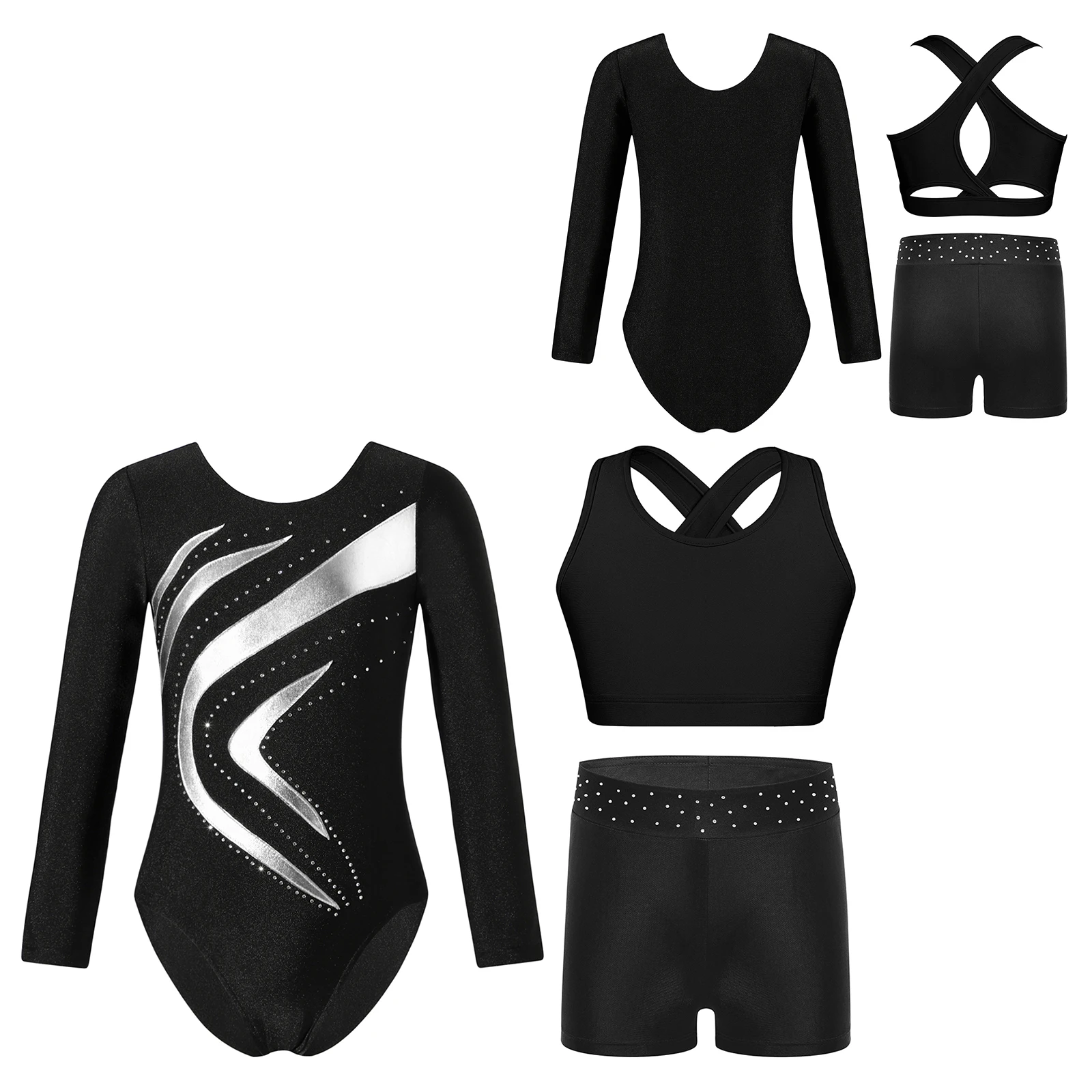 Kids Long Sleeve Ballet Outfits Girls Metallic Patchwork Skating Leotard with Shorts Gymnastics Bodysuits Stage Dance Costume