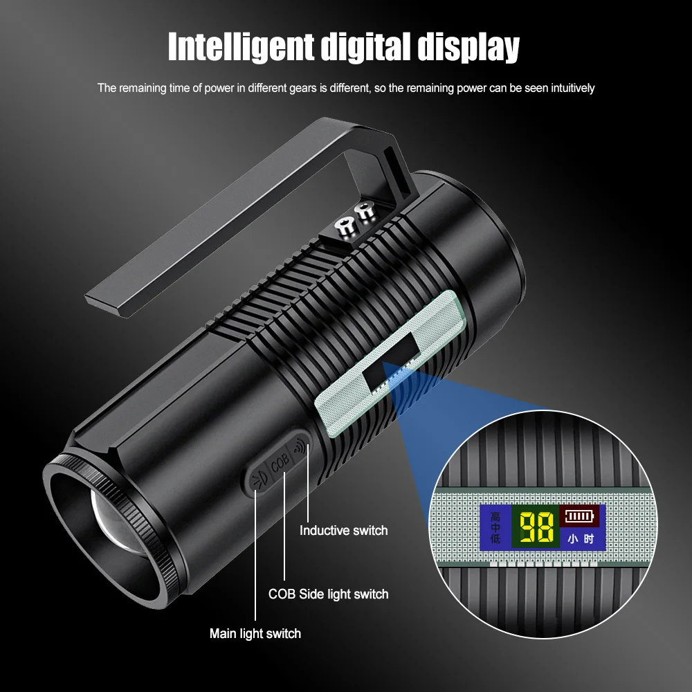 Four light source focus flashlight charging work light White / Blue / yellow / Purple fishing light with induction function