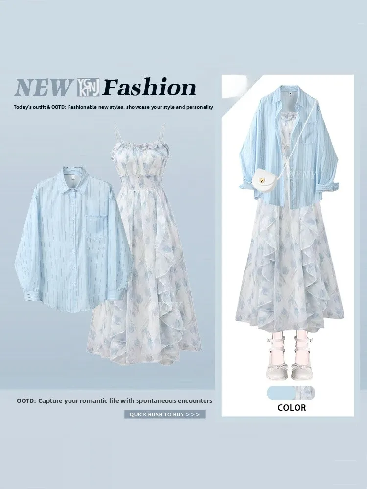 

Gentle Breeze Blue irt Floral Lace ter Dr Two-Piece Set Women's Sweet Spring Outfit Long Sve Mid-Length Dr