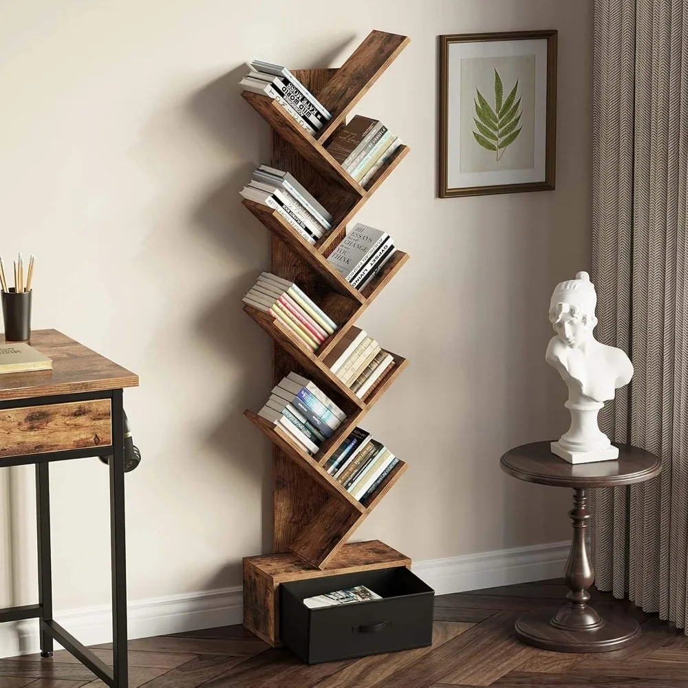 

Tree Bookshelf with Drawer, 9 Shelf Bookshelf, Wooden Bookcase Storage Rack for CDs/Movies/Books, Corner Bookshelves