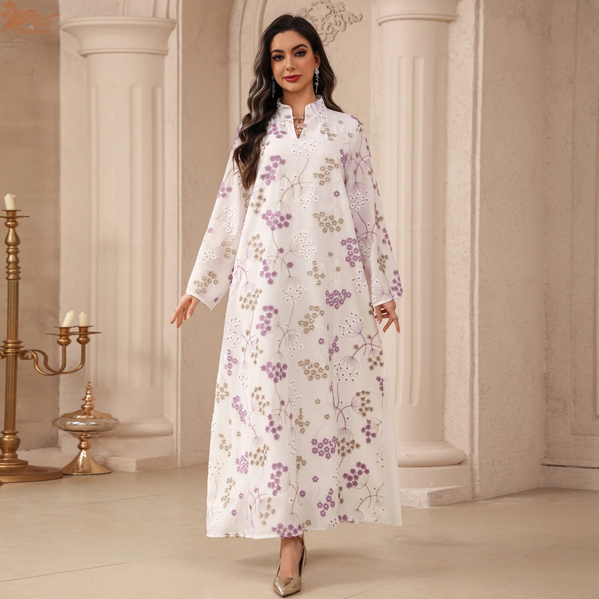 

Zahraa Muslim Floral Embroidery Loose Dress V-Neck Embroidery Abaya Caftan Marocain Femme