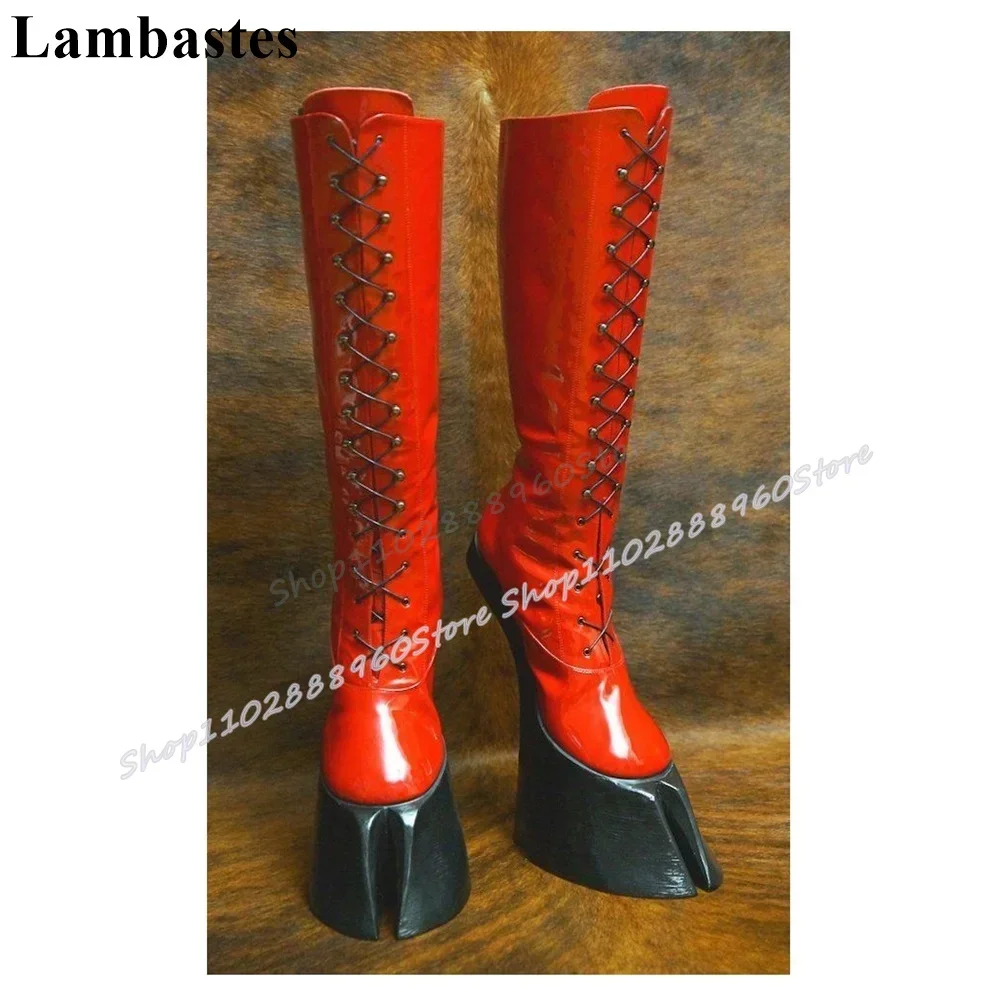 

Stylish Knee High Red Cross Tied Hippocrepiform Boots Strange Style Heel Shoes For Women Occidental Style Party Women Boots