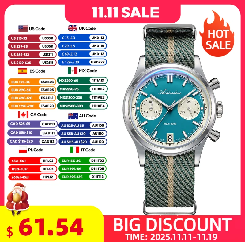 

ADDIESDIVE Quartz Chronograph Man Watch Waterproof Luminous Stainless Steel 38mmBubble Glass Nylon Strap Fashion Watches For Man