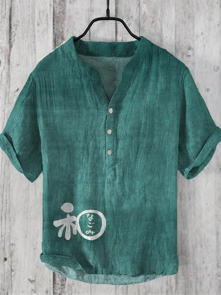 Men's Short Sleeve Tops Japanese Word Art Linen V-Neck Shirt 6 Colors V-neck Retro Casual Daily Texture Fabric Blouses Harajuku