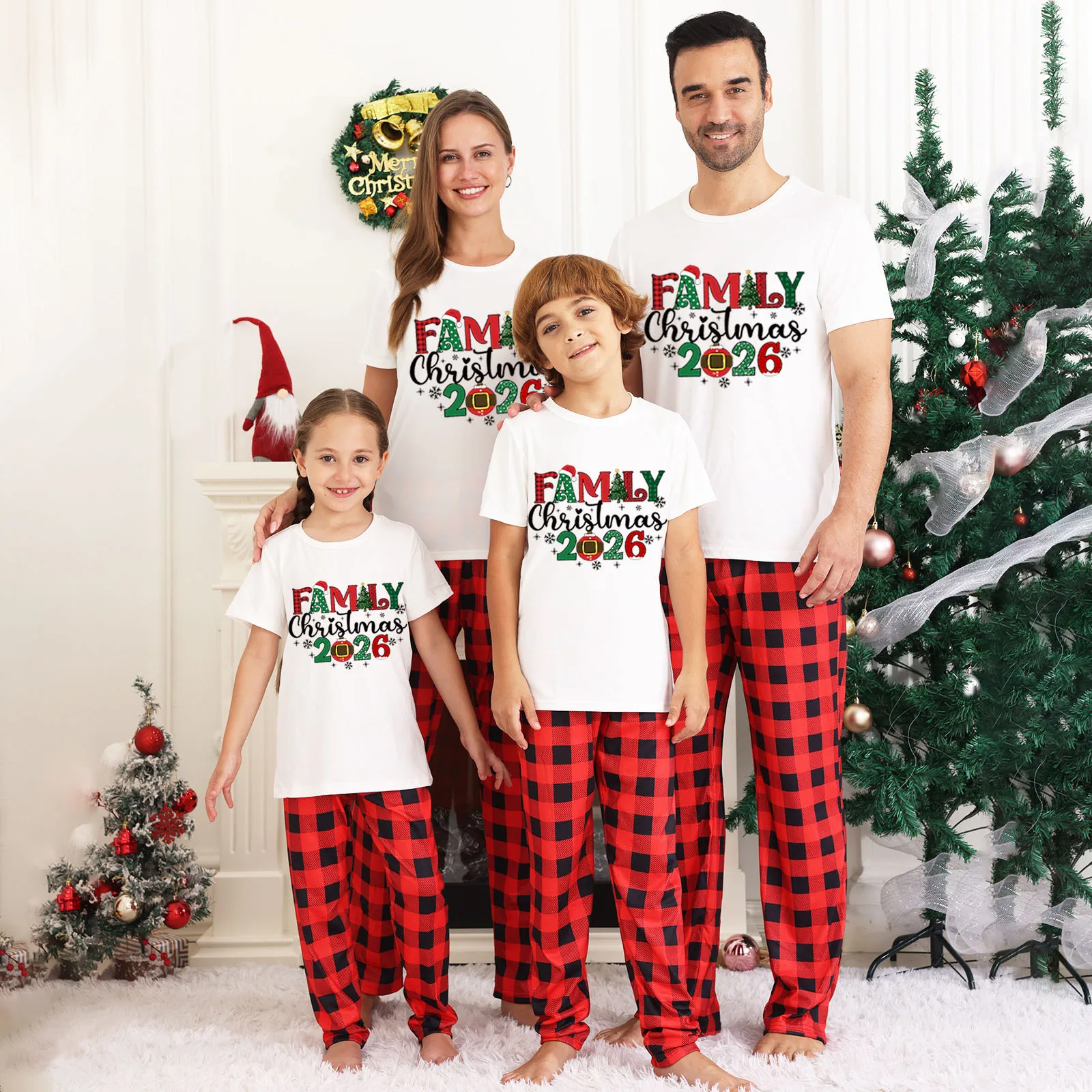 Merry Christmas 2026 Print Family Matching Pajamas Set Short Sleeve Top+Trousers 2Pcs Suit Homewear Xmas Look Adults Kids Pyjama