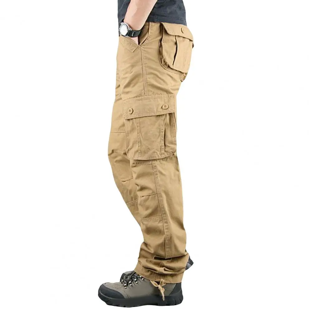 Men Cargo Pants Multi Pockets Button Zipper Closure Straight Wide Leg Streetwear Loose Solid Color Outdoor Long Trousers