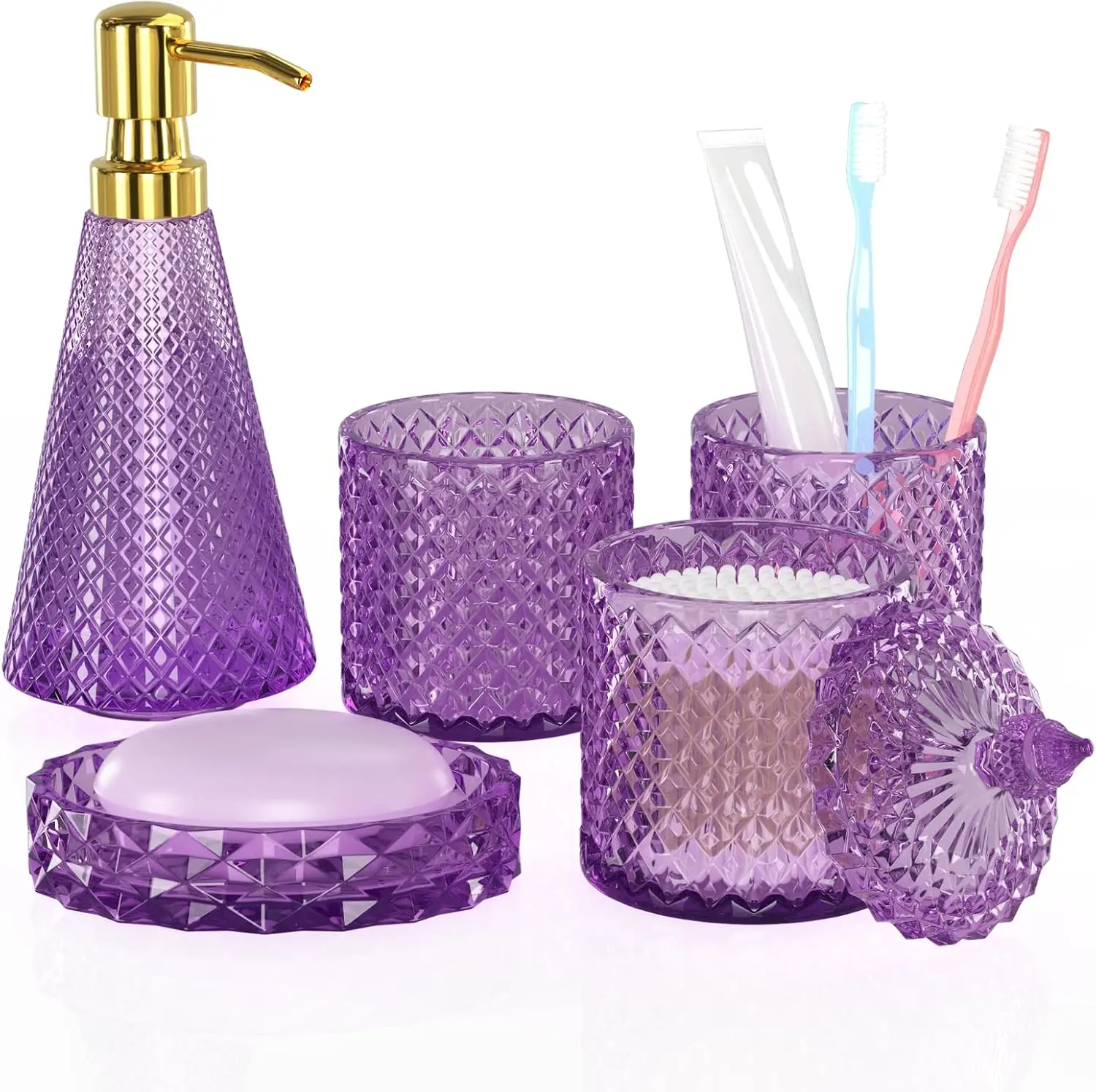 

Purple Glass Bathroom Set 5 Pcs, Soap Dispenser, Toothbrush Holder, Vintage Decor