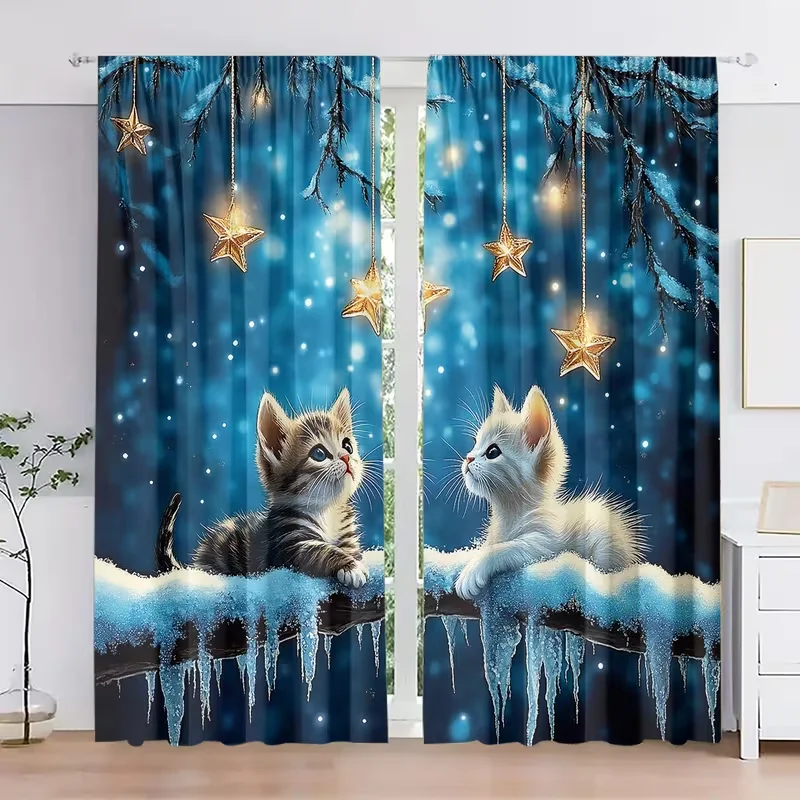 Two Pieces Featuring A High-Definition Digital Kitten Looking At Stars Curtains Are Decorating Bedrooms Living Rooms Homes Wit