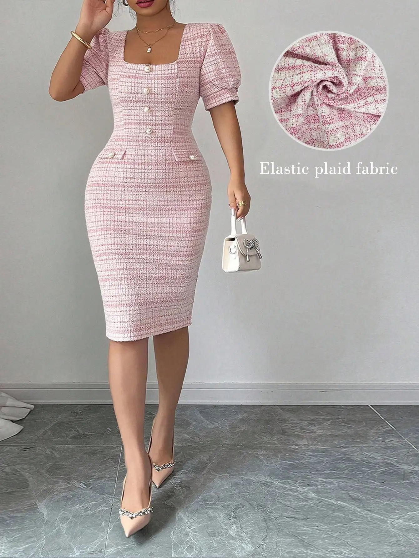 

Plus Size Pink Plaid Bodycon Dress with Puff Sleeves and Square Neck