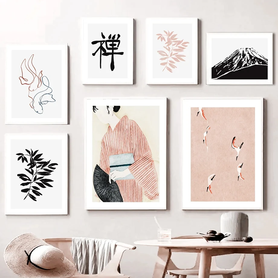 Mount Fuji Crane JapanGeisha Zen Wall Art Canvas Painting Nordic Posters And Prints Wall Pictures For Living Room Japanese Decor