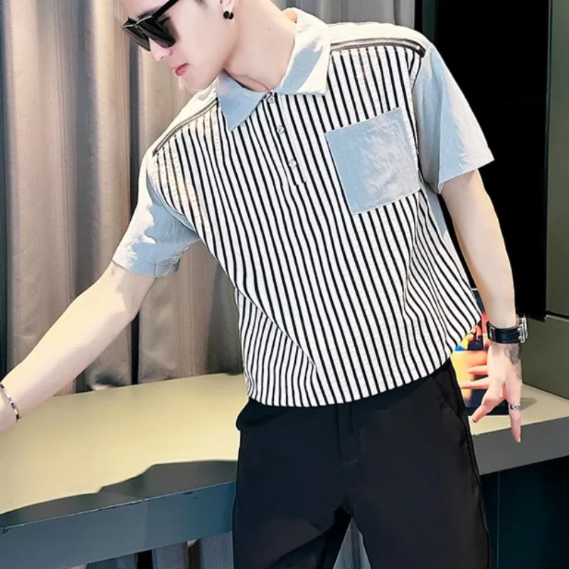 

Корейская рубашка поло в полоску с цветными блоками, мужская летняя рубашка поло с коротким рукавом и лацканами на полумолнии, свободные повседневные рубашки поло, социальная уличная футболка