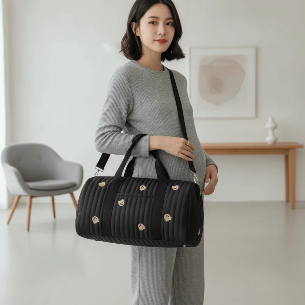 Cotton Duffel Bag Lightweight Cylinder Handbag Quilted Soft Diaper Organizer Washable Foldable Luggage Pouch Hospital Stay