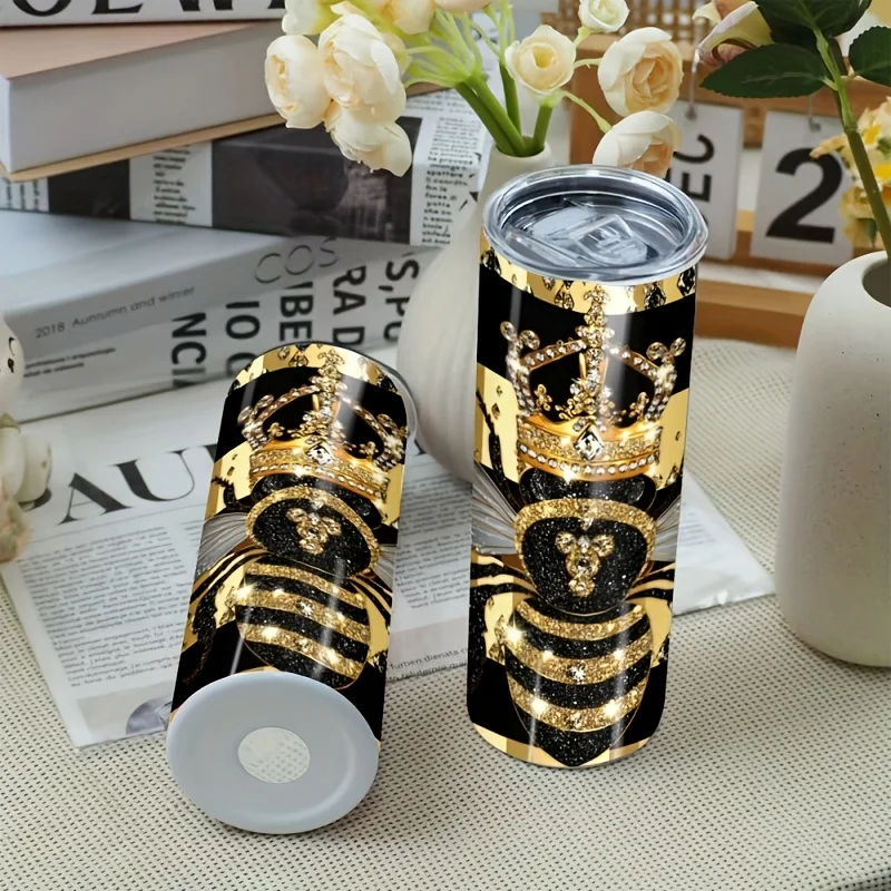 1pc Stainless Steel 20oz Straight Cup, Insulated Tumbler with Gorgeous Little Bee and Shining Crown Luxury Patterns, Portable Travel Mug for Hot & Cold Drinks (Cup + Lid + Straw Set), Perfect as a Family/Travel Outdoor Accessory or Present