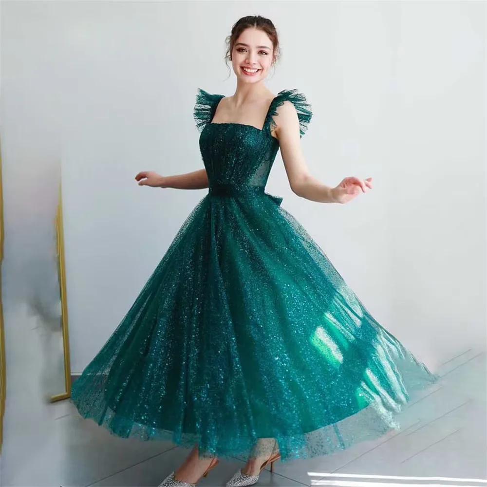 

Customized Sweetheart Party Dress Dark Green Shining Tulle Ankle Length A-line Graduation Prom Dress vestidos de noche