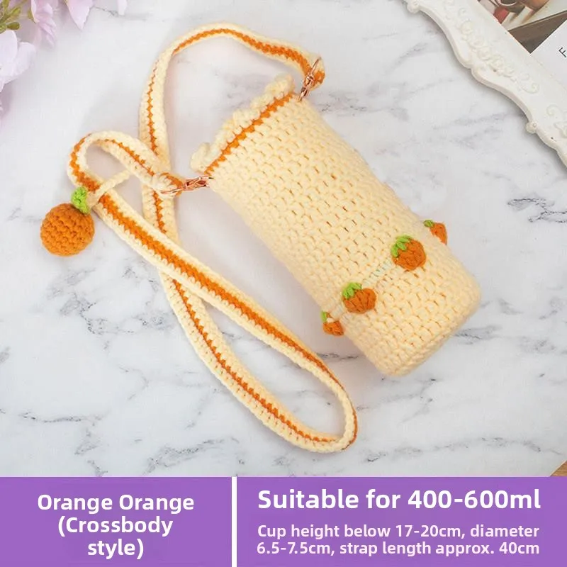 Handmade Crochet Thermal Cup Cover Universal Glass Water Bottle Protector Sleeve Crossbody Baby Carrier Adorable Yarn Cup Holder