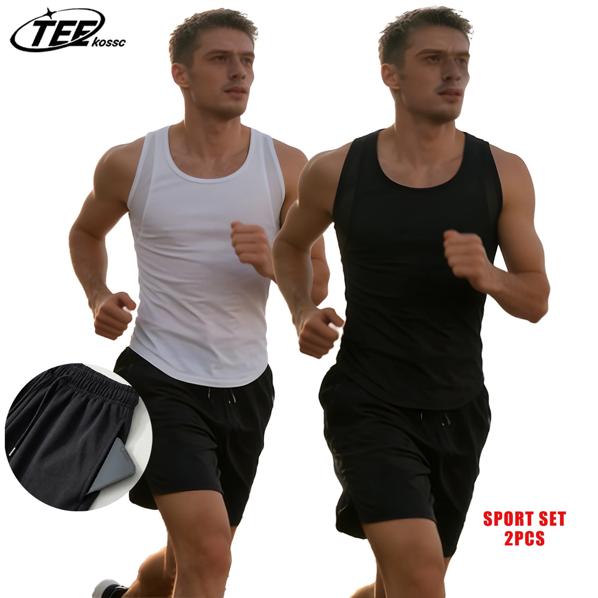 

Solid Set Men Reticular Vest Basics Jogging Clothing Summer Singlet Run Mesh Sports Drawstring Shorts Crewneck Sleeveless Tee
