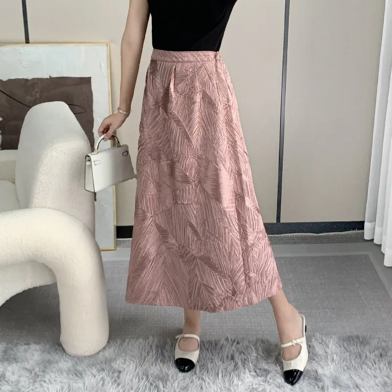 Miyake Pleated Leaf Jacquard Half Skirt Autumn New High Waist Slimming Temperament Solid Color Elastic Waist Half Skirt