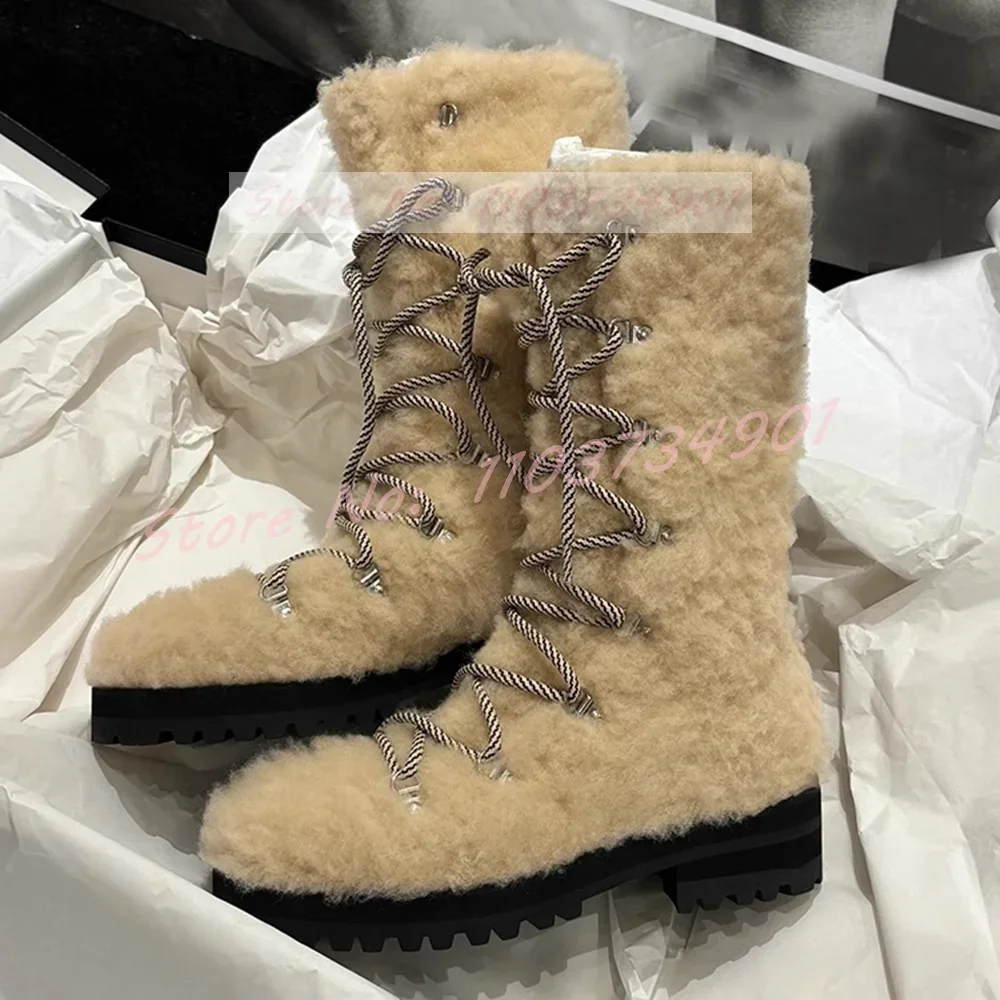 

Mid Calf Snow Boots Women Casual Wool Furry Lace-up Round Toe Thick Sole Low Heels Shoes Fur Female Party Fashion Nifty Boots