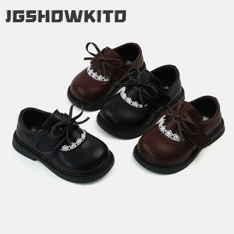 JGSHOWKITO Girls Leather Shoes Retro Lace Trim Bow Children School Dress Flat Shoes Non-slip Party Kids Princess Mary Jane Shoes