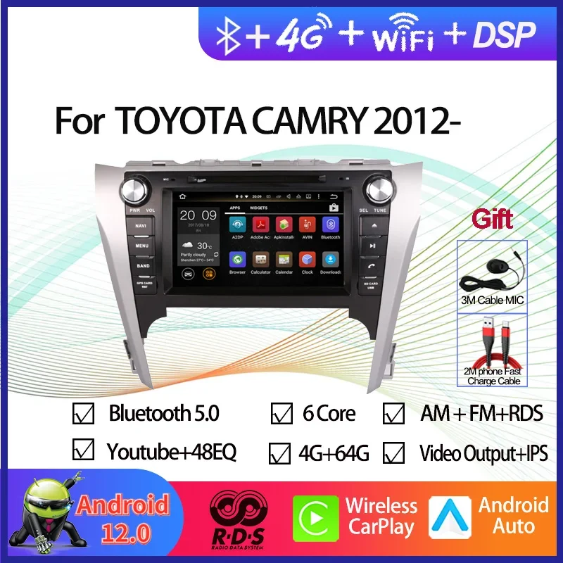 Android 12 Car GPS Navigation Multimedia DVD Player For TOYOTA CAMRY/AURION 2012-2014 (Middle East) Octa Core Radio Stereo