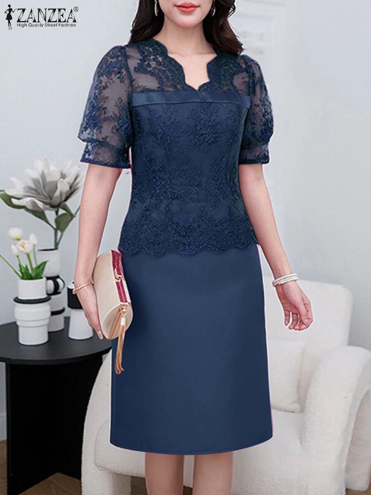 ZANZEA 半袖 V ネックローブファムサテン女性エレガントなシースルー膝丈ドレスレースパッチワーク通勤ファッションドレス