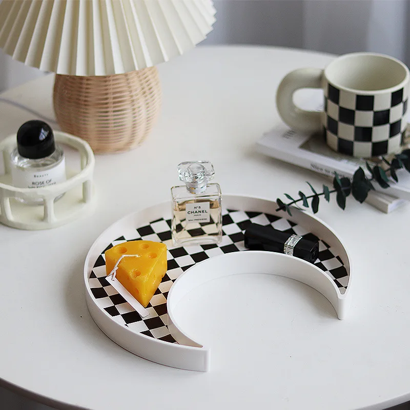 Checkerboard Color Entryway Living Room Moon-shaped Tray Water Cup Aromatherapy Head Rope Small Object Decorative Tray Moon Tray