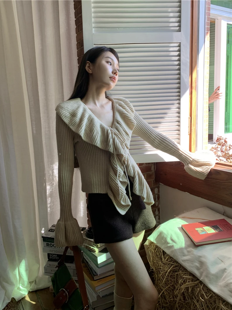 CHEERART Ruffles Flare Sleeve V Neck Knitted Sweater Cardigan Women Lace Up Slim Ribbed Long Sleeve Korean Fashion Green Sweater