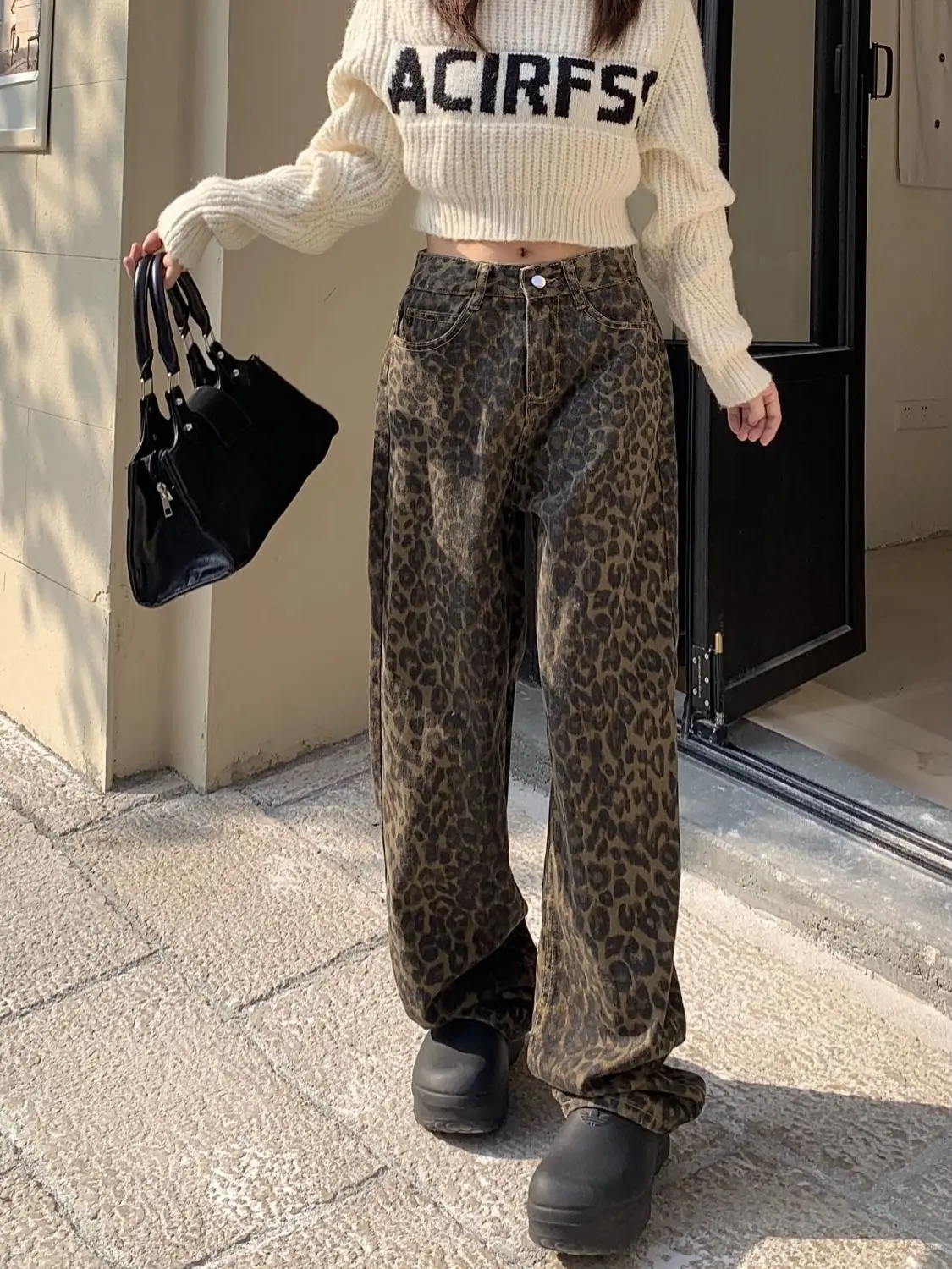 New Vintage Leopard Print Pantalon Femme Wide Leg Pants Women High Waist Straight Y2k Jeans Casual Fashion Korean Jean Trousers