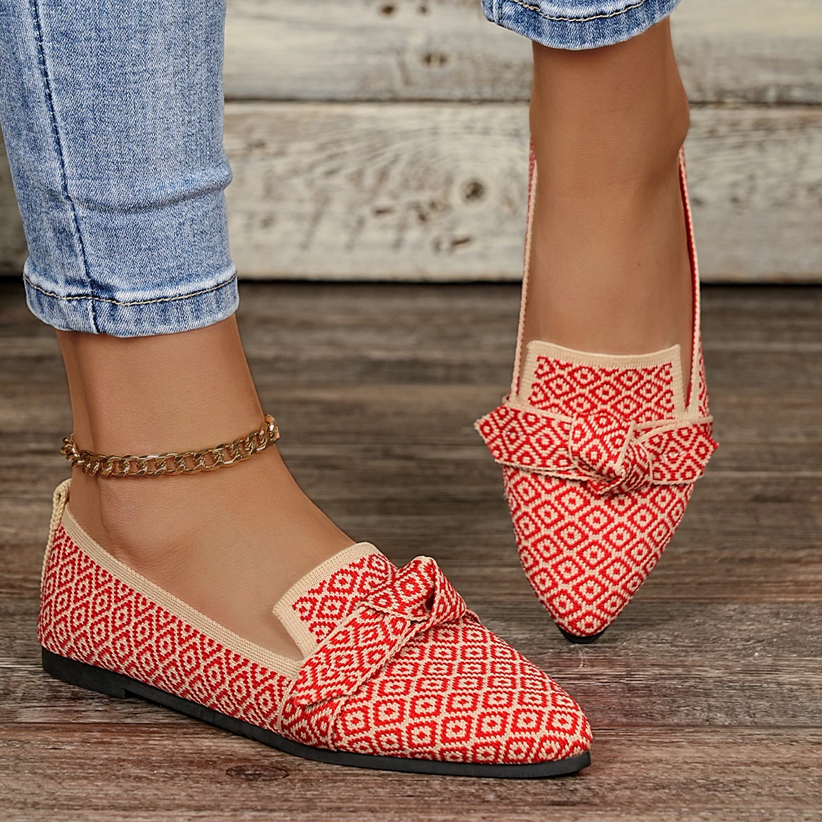 

Модные вязаные туфли на плоской подошве с принтом, модные туфли с острым носком и низким берцем с бантом, повседневная прогулочная обувь большого размера для женщин
