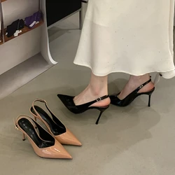 SUOJIALUN 2026 Summer New Brand Pointed Toe Slingback Shoes Thin High Heel Shallow Slip On Ladies Elegant Sandals Plus Size 41