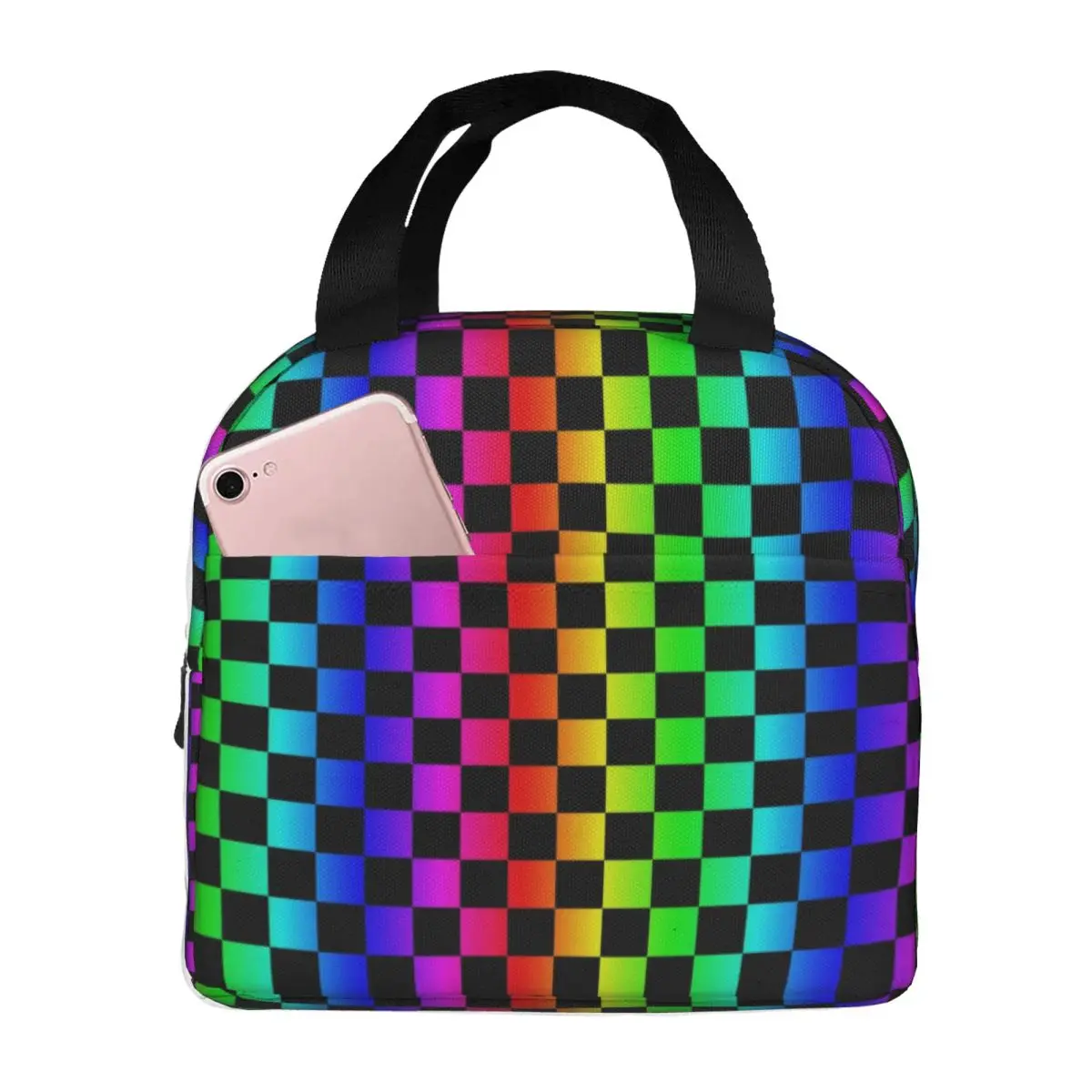 Rainbow Checkers Checkerboard Insulated Lunch Bags for Women Resuable Cooler Thermal Bento Box Outdoor Camping Travel