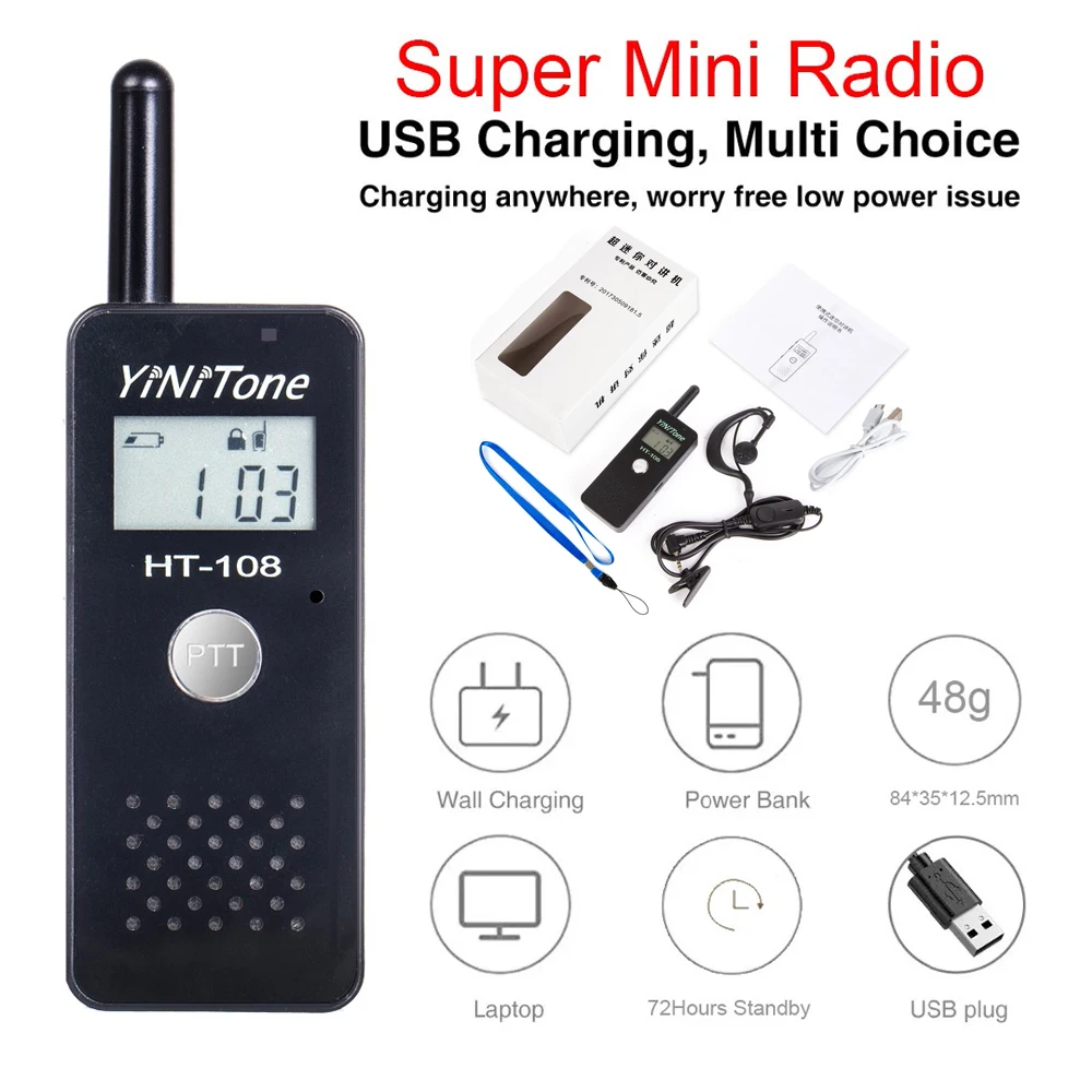 Mini walkie-talkie portátil, HT-108 recargable con auricular, ligero, batería de litio de gran capacidad, centros comerciales