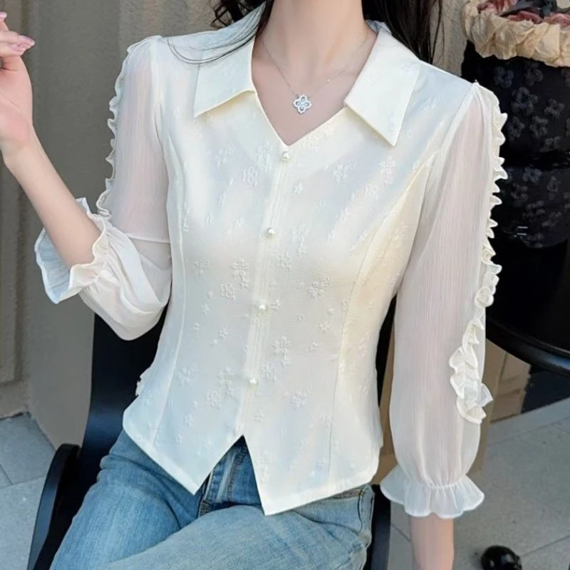 2024 Early Autumn New Jacquard Ruffle Edge Spliced Chiffon Shirt with Super Fairy Temperament Covering the Stomach Ins Chic Top