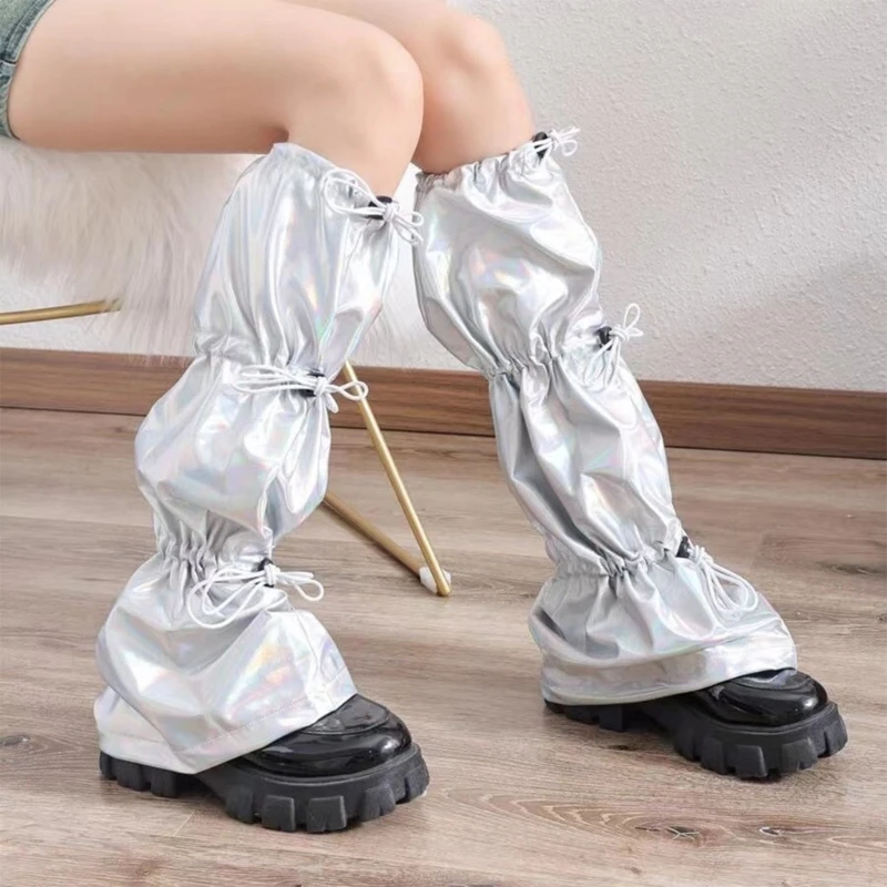 Frauen Harajuku Punk Holographische Bein Wärmer Kordelzug Knie Länge Bein Abdeckung Socke – Detail 5