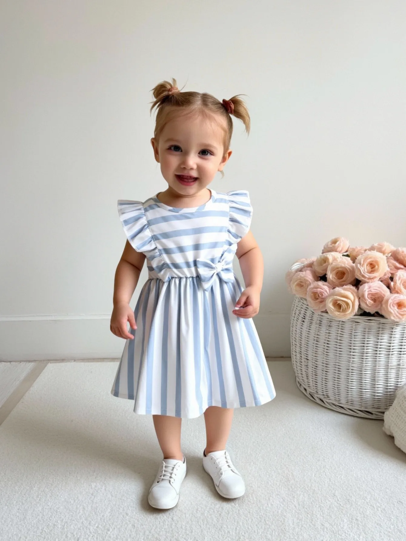

Весенне-летнее повседневное платье с бантом для маленьких девочек в синюю полоску, милое модное универсальное платье для маленькой девочки