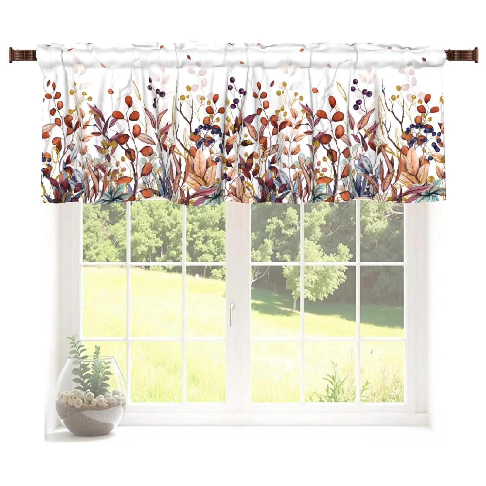 Fall Eucalyptus Leaves Kitchen Valance Autumn Maple Leaf Cafe Curtain Orange Blue Thermal Insulated Room Darkening