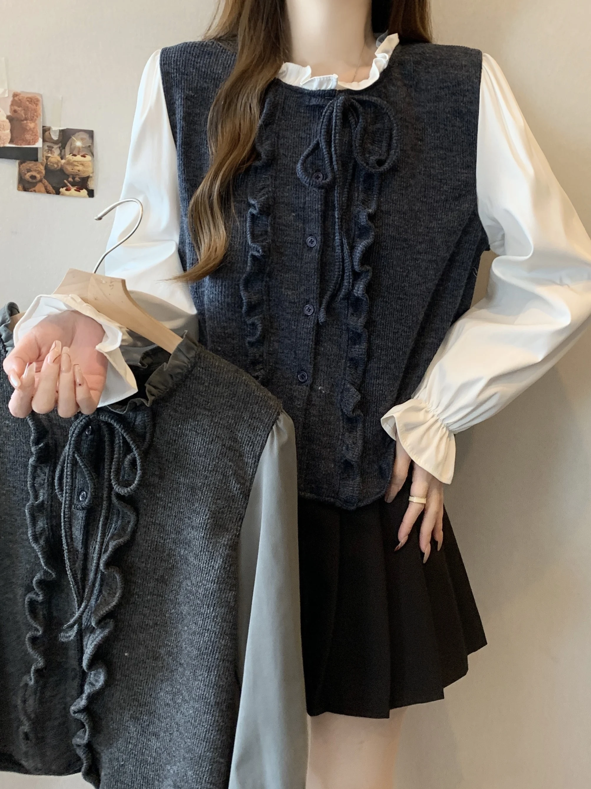 

French Ruffled Collar Bow Lace-up Detail Paneled Long Sleeves Shirt For Women's Autumn Harajuku Chic Ruffled Sleeve Pullover Top
